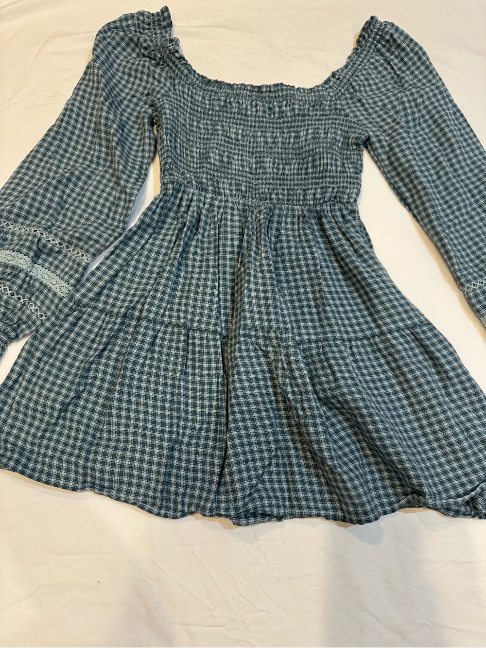 American Eagle Outfitters Teal Plaid Smocked Off-Shoulder Mini Dress